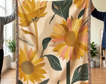 Manta de algodón tejida con girasoles: Tapiz floral estilo boho