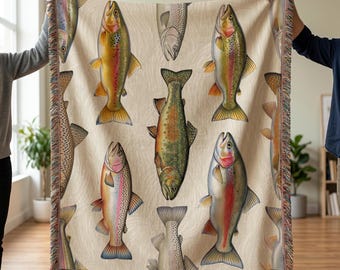 Lake House Blanket – Cabin Woven Throw with Rainbow Trout Design