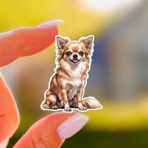 Long Hair Chihuahua Puppy Sticker – Cute Kawaii Dog Vinyl Decal, Waterproof Laptop & Bottle