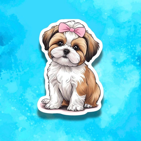 Shih Tzu Puppy Sticker Kawaii Dog With Pink Bow Vinyl Decal for