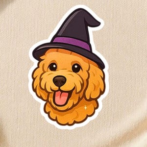 Golden Doodle Sticker Cute Vinyl Dog Head Decal Halloween Witch Playful Expression Kawaii Puppy Laptop Water Bottle Gift Matte Waterproof