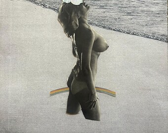 Beached Collage Art Print, Woman with Hibiscus