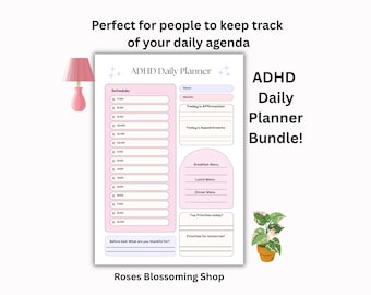 May include: ADHD Daily Planner Bundle with a pink and white design. The planner includes sections for scheduling, affirmations, appointments, and meal planning. Text on the image reads "Perfect for people to keep track of your daily agenda."