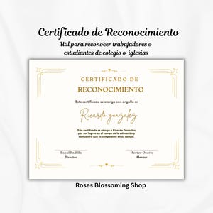 Op de afbeelding: Een certificaat van erkenning met gouden tekst en decoratieve randen. Het certificaat is voor Ricardo Gonzalez, ter erkenning van zijn prestaties in het onderwijs. De tekst bevat de namen van de directeur en mentor.