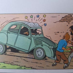 May include: Comic book panel featuring a light green vintage car with a dented roof, surrounded by stars. Two figures are running away from the car. The scene is set against a backdrop of a brick wall and a dirt road.