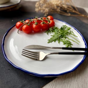 Modern white and blue rim dinnerware, Stoneware dinner side snack plates, Salad soup bowls, Serving tableware, Ceramic art by Manya