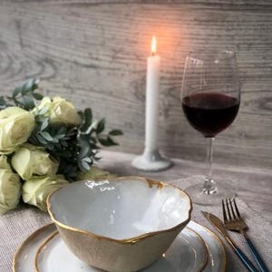 White and gold rim dinnerware set, microwave safe, Stoneware dinner side snack plates, Serving tableware Salad soup bowls Modern ceramic Art