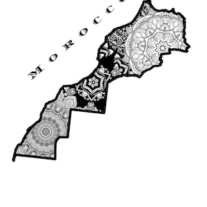 May include: A black and white outline of Morocco filled with intricate mandala designs. The word "MOROCCO" is written in black above the map.