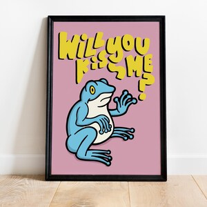 E023 - Czy mnie pocałujesz? Wzór żaby - PVC Flex & Canvas Print - Plakat z cytatem - Zabawna dekoracja ścienna - Projekt pokoju dziecięcego - Kolorowy nadruk