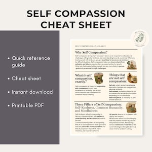 Self-Compassion Cheat Sheet; Self-Compassion; Practicing Self-Compassion; Therapy Worksheets on Self-Compassion; Self Compassion Help