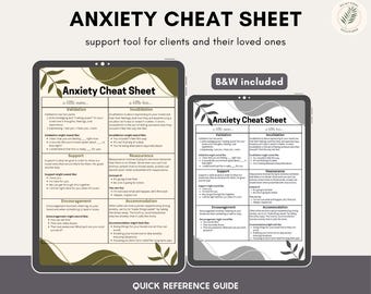 Op de afbeelding: Een Anxiety Cheat Sheet ondersteuningstool voor cliënten en hun naasten, weergegeven op twee tablets. De linker tablet toont een kleurenversie, terwijl de rechter tablet een zwart-witversie toont met een B&W included label erboven.