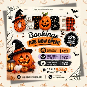Könnte beinhalten: Ein digitaler Flyer für Oktober-Buchungen mit dem Text OCTOBER BOOKINGS ARE NOW OPEN, einem Kürbis, einem Hexenhut, Spinnen, Fledermäusen und Spinnweben. Er enthält Platzhalter für Sonderangebote, einen Hinweis auf eine Anzahlung und einen Rabattcode.