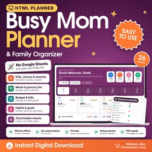 Busy Mom Planner, Easy HTML Family Organizer, Digital Meal Budget Chore Habit Tracker, Home Management, No Google Sheets, Instant Download