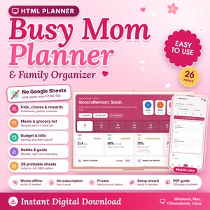 Busy Mom Planner, Easy HTML Family Organizer, Digital Meal Budget Chore Habit Tracker, Home Management, No Google Sheets, Instant Download