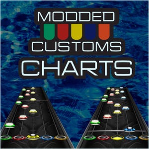 May include: A digital guitar fretboard with coloured lights, showing a guitar game interface. The text "MODDED CUSTOMS CHARTS" is displayed above the fretboard.