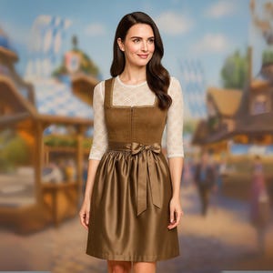 Brown Dirndl Dress with Satin Apron | Traditional Bavarian Oktoberfest Costume for Women | German Dirndl Outfit | Gift for her |Oktoberfest