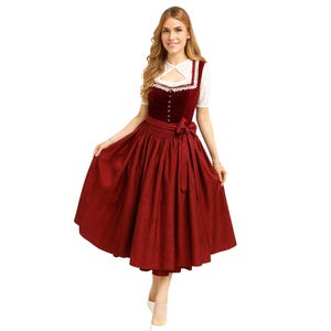 Deep Red Dirndl Dress with White Lace Blouse | German Oktoberfest Costume for Women | Traditional Bavarian Midi Dress | Folk Festival Wear
