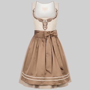 Rustic Elegance Bavarian Dirndl Dress | Beige & Brown Oktoberfest Dress for Women | German Alpine Costume with Deer Embroidery| Gift for her