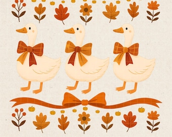 May include: Digital illustration featuring three white geese with orange bows, surrounded by fall-themed decorative elements like leaves, pumpkins, and flowers. The image includes the text "2 designs available" and "300 DPI QUALITY PNG DIGITAL FILE".