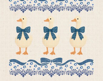 Vintage Goose PNG: Blue Ribbon Cottagecore Clipart (Digital Download)
