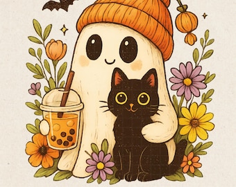 Gatto fantasma di Halloween retrò PNG: Clipart floreale spettrale (download digitale)