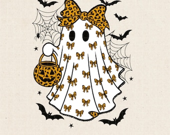 Leopard Ghost PNG: Spooky Coquette with Bow (Digital Download, Commercial Use OK