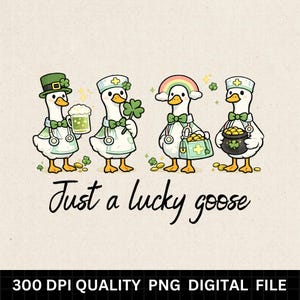 Puede incluir: Ilustración digital de cuatro gansos vestidos para el Día de San Patricio. Cada ganso lleva un atuendo diferente y sostiene objetos como una cerveza, un trébol, un arcoíris y una olla de oro. El texto "Just a lucky goose" está debajo.