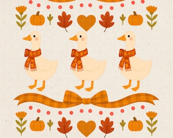 May include: Digital illustration featuring three white ducks wearing orange scarves, surrounded by fall-themed elements like pumpkins, leaves, and bows. The image includes the text "2 designs available" and "300 DPI QUALITY PNG DIGITAL FILE".