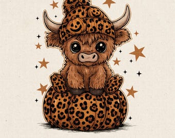 Calabaza de vaca de las tierras altas PNG: Estampado de leopardo, diseño otoñal divertido (uso comercial, descarga digital)