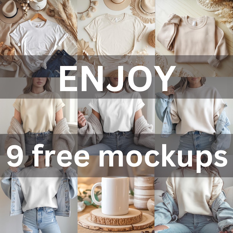May include: Nine free mockups of different t-shirts and sweatshirts in various colors and styles. The mockups feature a variety of poses and settings, including a person wearing a white t-shirt with a denim jacket, a white t-shirt with a cardigan, a white t-shirt with a denim jacket, a white sweatshirt with a denim jacket, a beige t-shirt with a cardigan, a beige sweatshirt with a denim jacket, a white t-shirt with a cardigan, a white sweatshirt with a denim jacket, and a white mug.