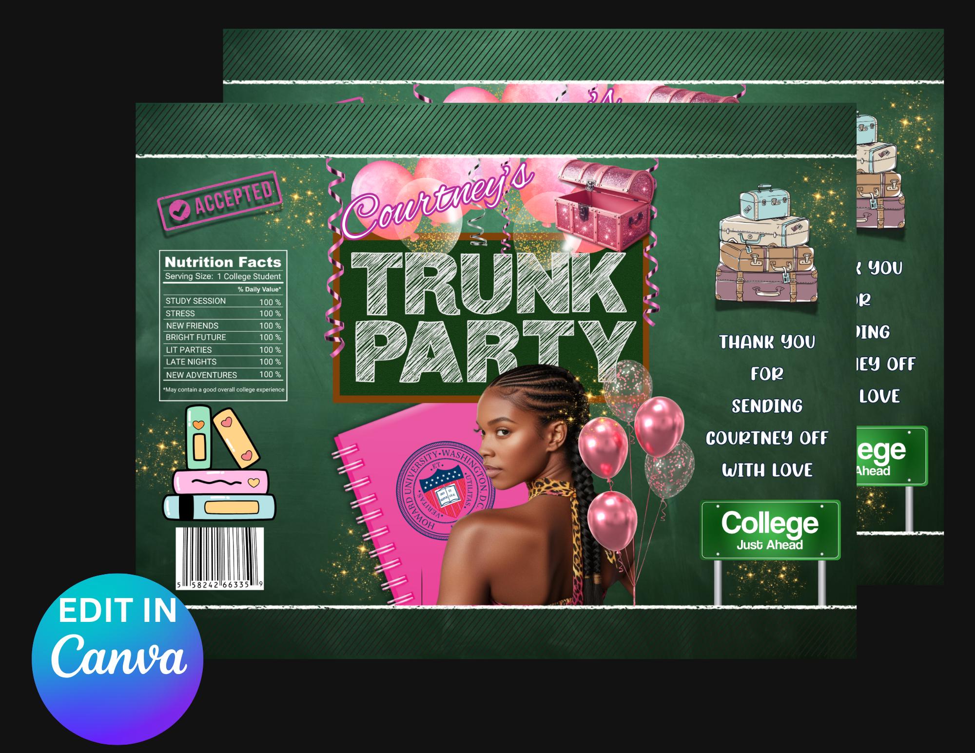 Digital Download  Trunk Party Chip Bag Template – Canva Pro DIY | Editable Graduation Favor | Print-at-Home Treat Bag College Send off