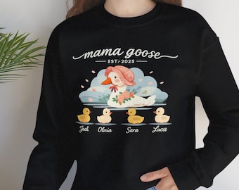 Mama Goose Unisex Heavy Blend™ Crewneck Sweatshirt, Personalized Kids Names, EST 2026 Mom Gift, Cute Family Goose Crewneck