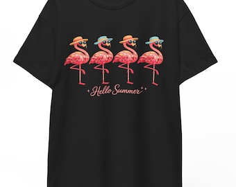 Hello Summer Flamingo Shirt, Beach Vacation Tee for Women & Men, Cute Glitter Flamingo Gift, Unisex Heavy Cotton Tee