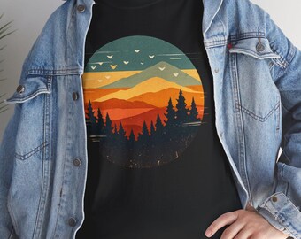 Retro Forest Sunset Nature Shirt, Vintage Mountain Landscape Gift, Unisex Heavy Cotton Tee, Outdoors Hiking Camper Graphic Tee