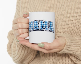 Gingham MAMA Ceramic Mug, (11oz, 15oz) Varsity Mama Coffee Cup, Mothers Day Gift for Mom, New Mom Baby Shower Gift