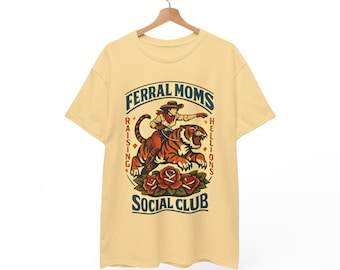 Feral Moms Social Club Shirt, Unisex Heavy Cotton Tee, Vintage Western Cowgirl Tiger Graphic, Trendy Mom Life Gift Tee
