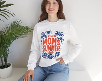 Tired Moms Summer Club Unisex Heavy Blend™ Crewneck Sweatshirt, Retro Beach Mom Graphic, Cozy Mom Life Pullover Gift