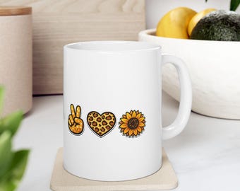 ラブピースサンシャインセラミックマグカップ（11オンス、15オンス）ピースサインハートひまわりグリッターレオパードプリントかわいいコーヒーカップ彼女へのギフト