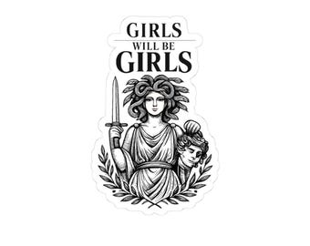 Adesivo "Girls Will Be Girls" com Medusa, decalque feminista da mitologia grega, estilo de gravura vintage.