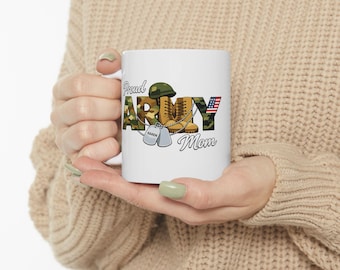 Proud Army Mom Personalized Name Gift Ceramic Mug, (11oz, 15oz) Military Family Coffee Cup, Camo Boots Flag Dog Tags
