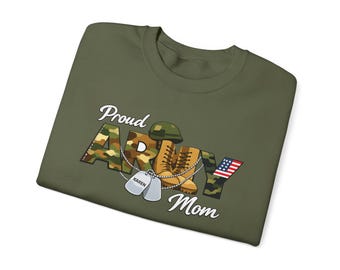 Personalized Proud Army Mom Sweatshirt, Custom Name Dog Tag Military Family Gift, Unisex Heavy Blend™ Crewneck Sweatshirt