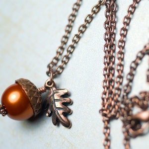 Pumpkin Glass Pearl Acorn Oak Leaf Necklace Antiqued Copper Wrapped Pendant Burnt Orange Autumn Fall Harvest image 3