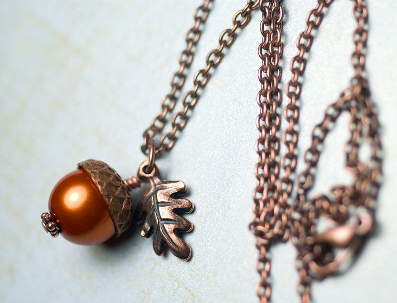 Pumpkin Glass Pearl Acorn Oak Leaf Necklace Antiqued Copper Wrapped Pendant Burnt Orange Autumn Fall Harvest image 3