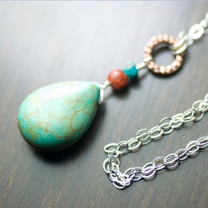 Magnesite Turquoise Red River Jasper Copper Sterling Silver Necklace - Gemstone, Pendant, Blue Green, December - "Red River Sky"