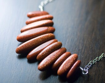 Red Brown Goldstone Dagger Pendant Sterling Silver Necklace Glittery Metallic Copper Rust Earthy Adventurine Desert Russet - "Fire Dunes"