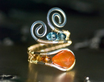 LUXE Red Agate Ring, Blue Topaz, Gemstone 14K Gold Argentium Silver, Honey Gold Tundra Sapphire, Sky Blue Topaz, Wire Wrapped, Mossandmist