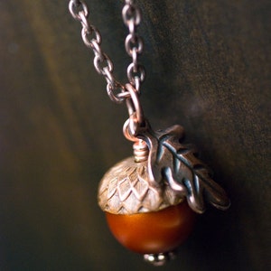 Pumpkin Glass Pearl Acorn Oak Leaf Necklace Antiqued Copper Wrapped Pendant Burnt Orange Autumn Fall Harvest image 2
