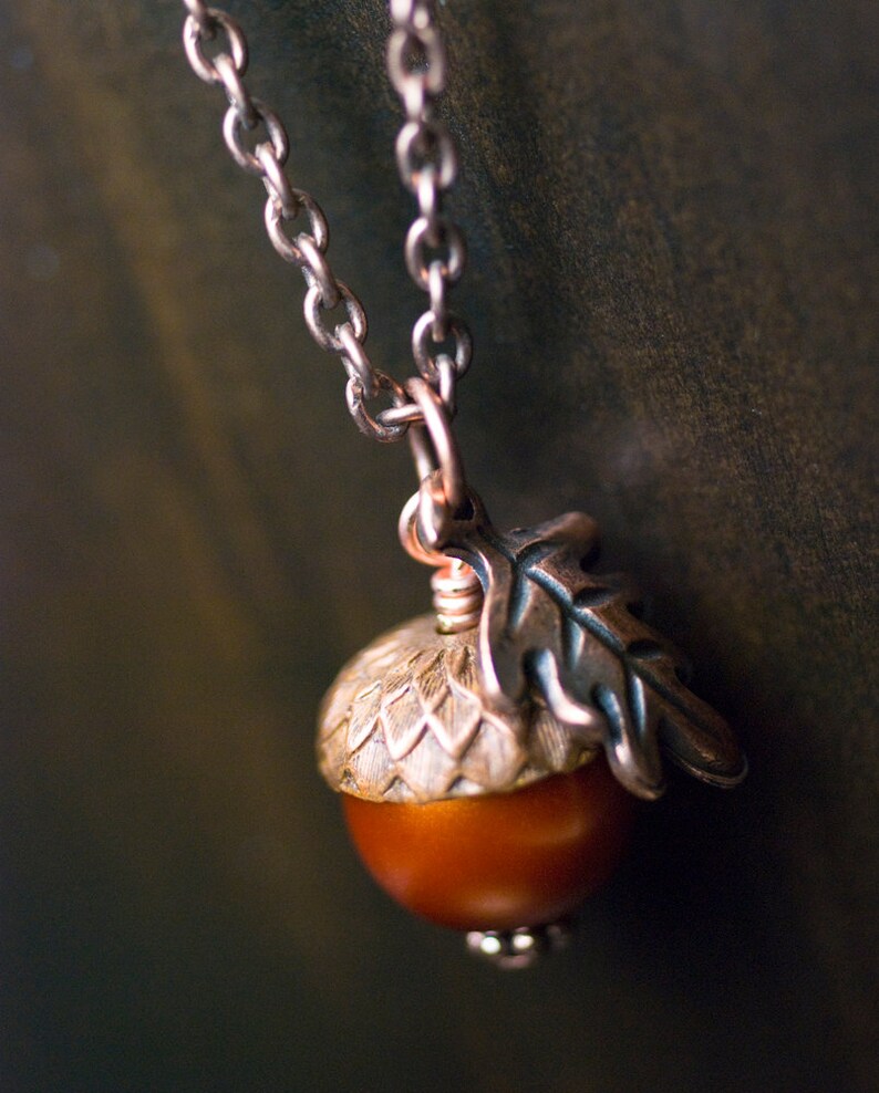 Pumpkin Glass Pearl Acorn Oak Leaf Necklace Antiqued Copper Wrapped Pendant Burnt Orange Autumn Fall Harvest image 2