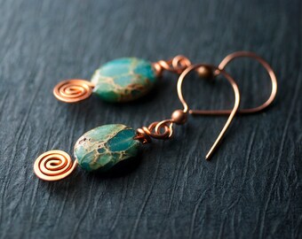 Aqua Terra Jasper Copper Earrings: Spiral Dangle Gemstone Jewelry