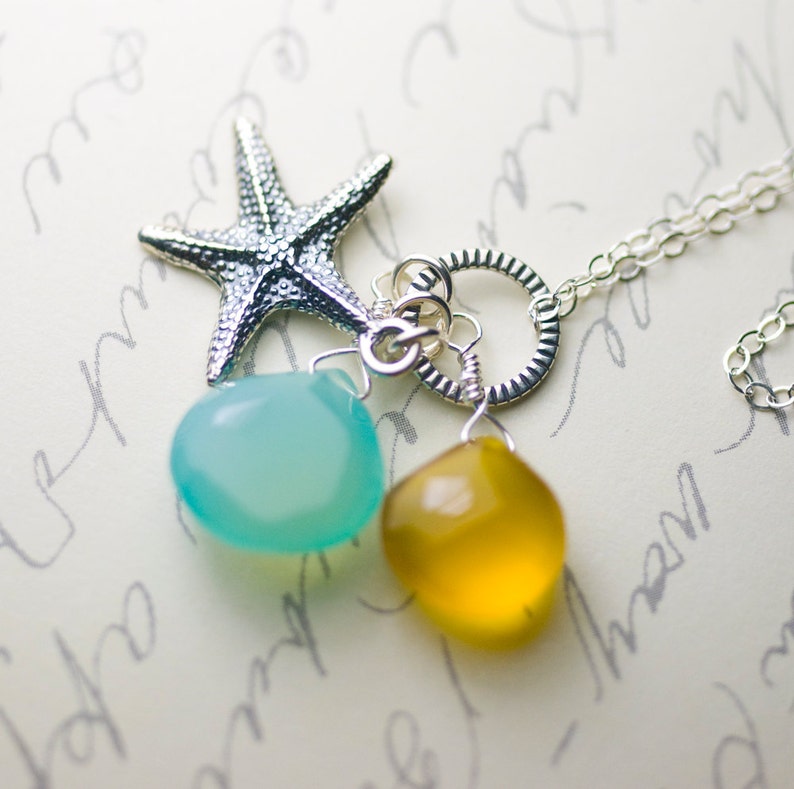 Sea Blue and Sunkissed Yellow Chalcedony Starfish Charm Sterling Silver Necklace Tranquility image 1